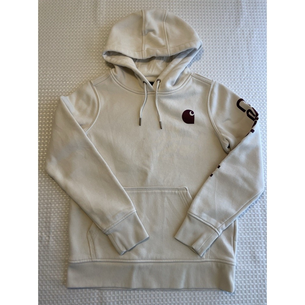 CARHARTT Women's Relaxed Fit Logo Sleeve‎ Hoodie in Cream Beige Burgundy XS
